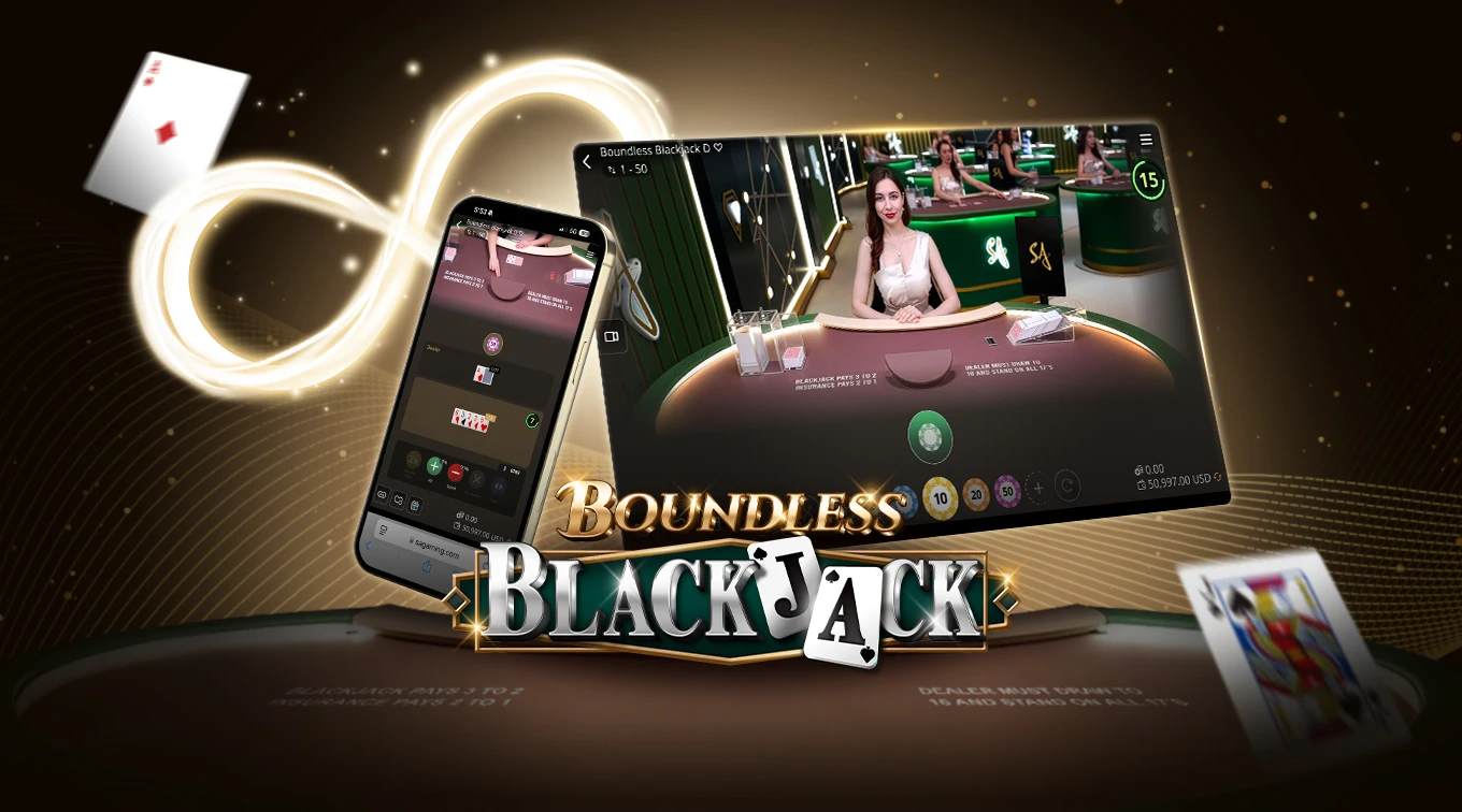 Boundless Blackjack game interface, showing a mobile and tablet view, featuring cards, glowing infinity sign, a table setup